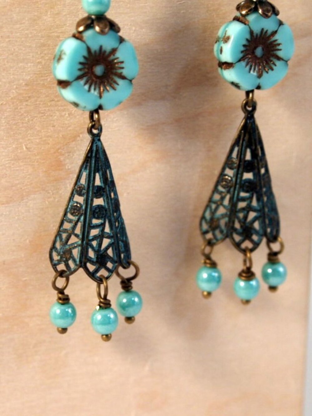 Long Dangle Brass Earrings, Czech Glass Pierced or Clip-on Earrings